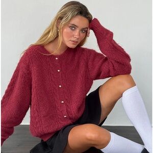 Motel Rocks Acesco Brush Cable Knit Burgundy Cardigaan Wool Blend NWT size 2